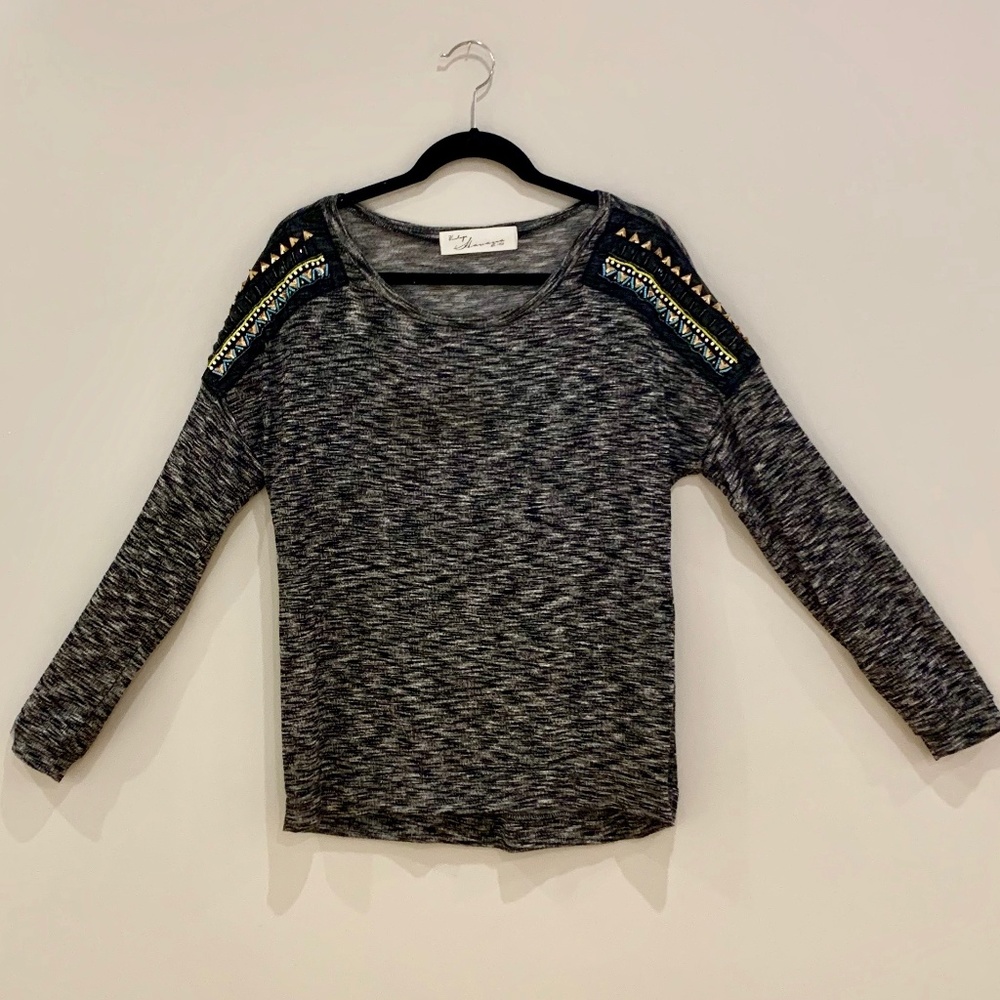Gray Sweater with Beaded Shoulder Detail